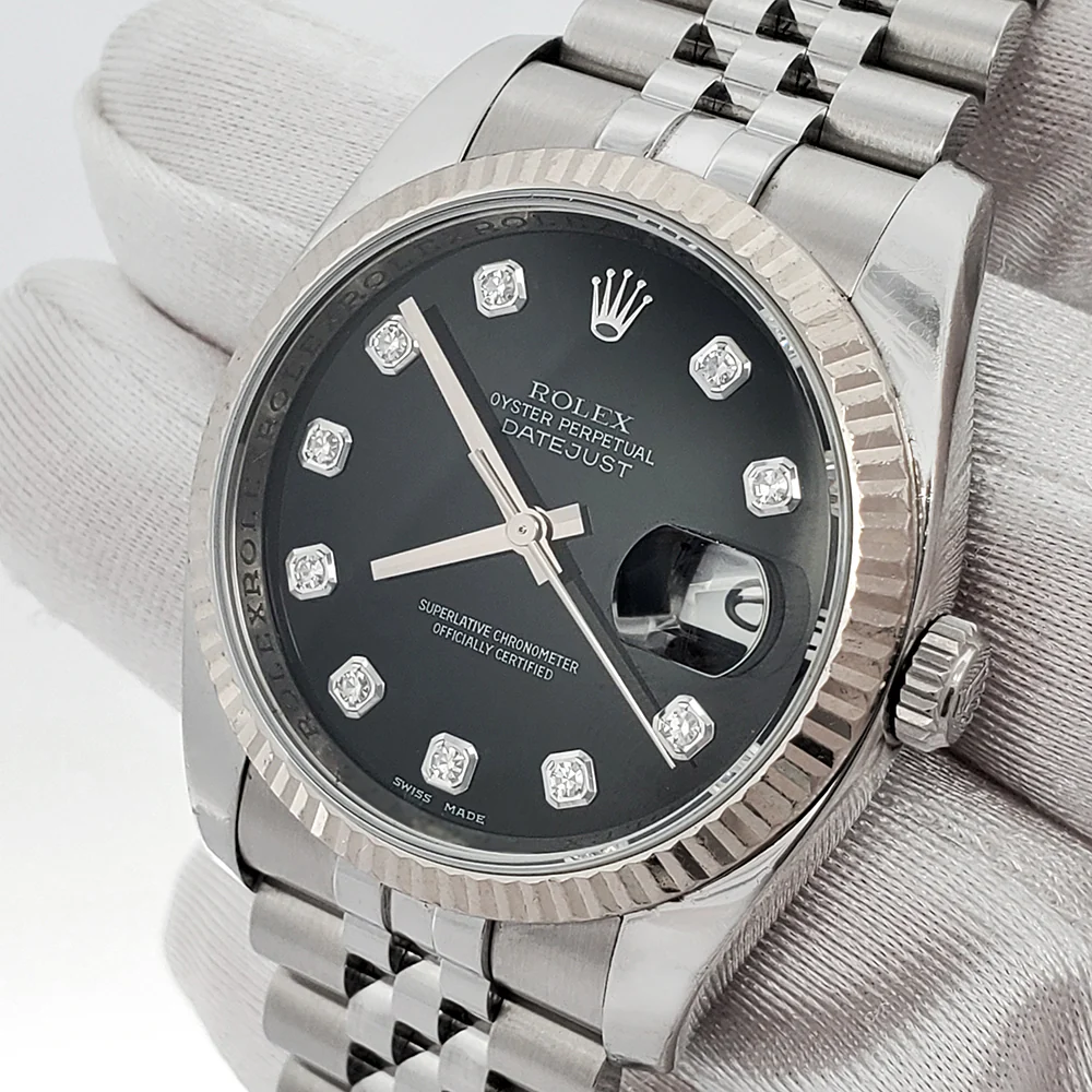 Rolex Datejust 36mm Factory Black Diamond Dial White Gold Fluted Jubilee Watch 116234