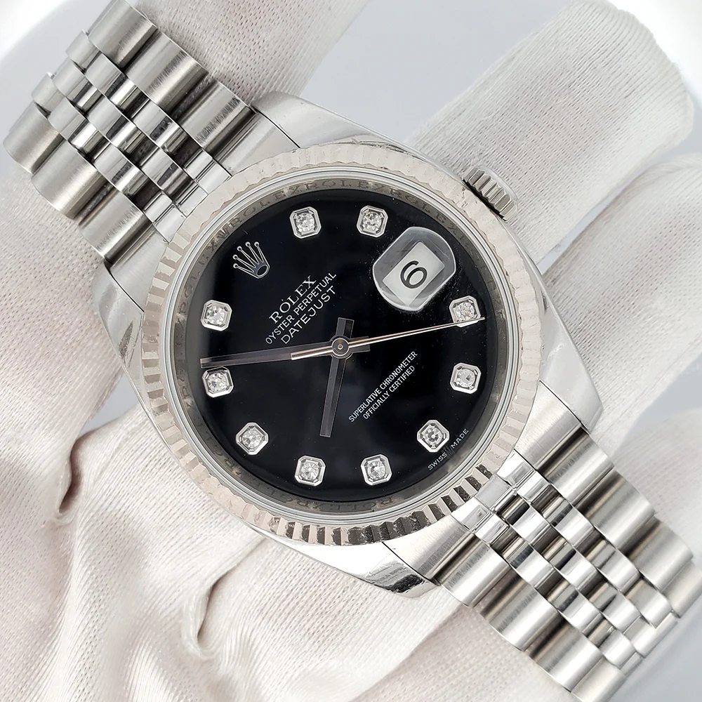 Rolex Datejust 36mm Factory Black Diamond Dial White Gold Fluted Jubilee Watch 116234 - Image 3
