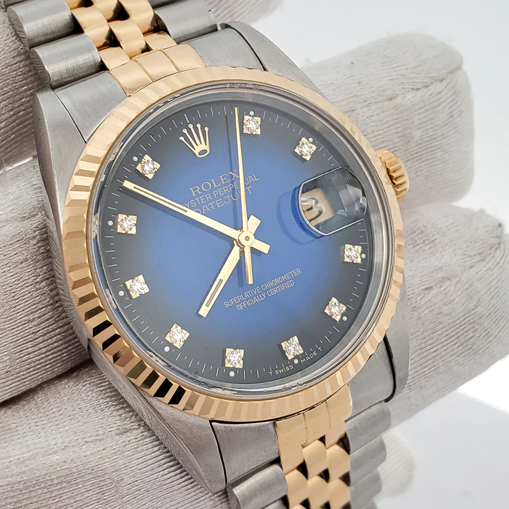 Rolex Datejust 36mm Factory Blue Vignette Diamond Dial Yellow Gold/Steel Watch 16233 - Image 2