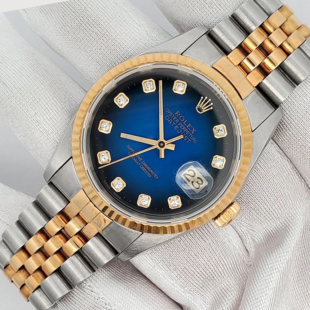 Rolex Datejust 36mm Factory Blue Vignette Diamond Dial Yellow Gold/Steel Watch 16233