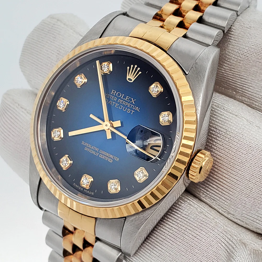 Rolex Datejust 36mm Factory Blue Vignette Diamond Dial Yellow Gold/Steel Watch 16233 - Image 3
