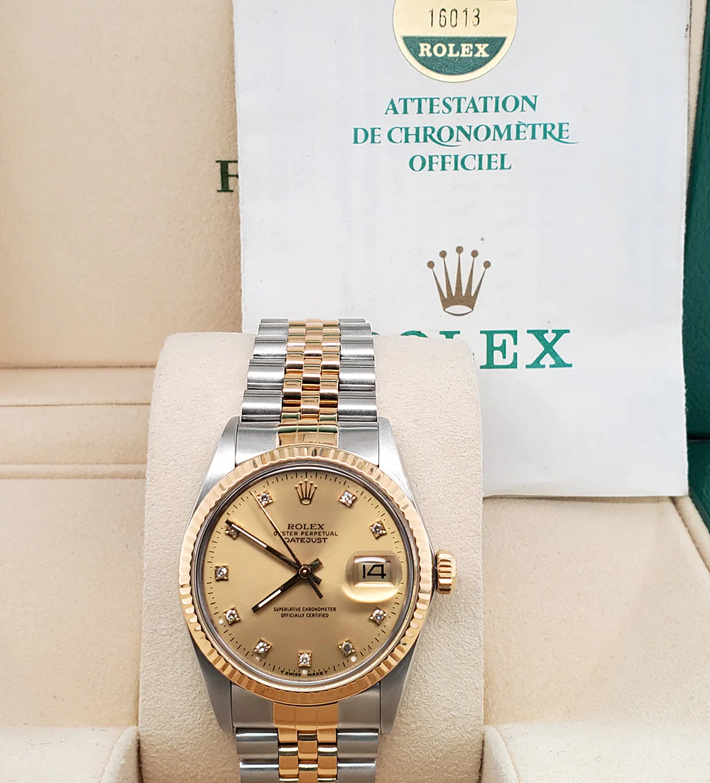 Rolex Datejust 36mm Factory Champagne Diamond Dial Gold/Stainless Steel Watch 16013 Box Papers - Image 2