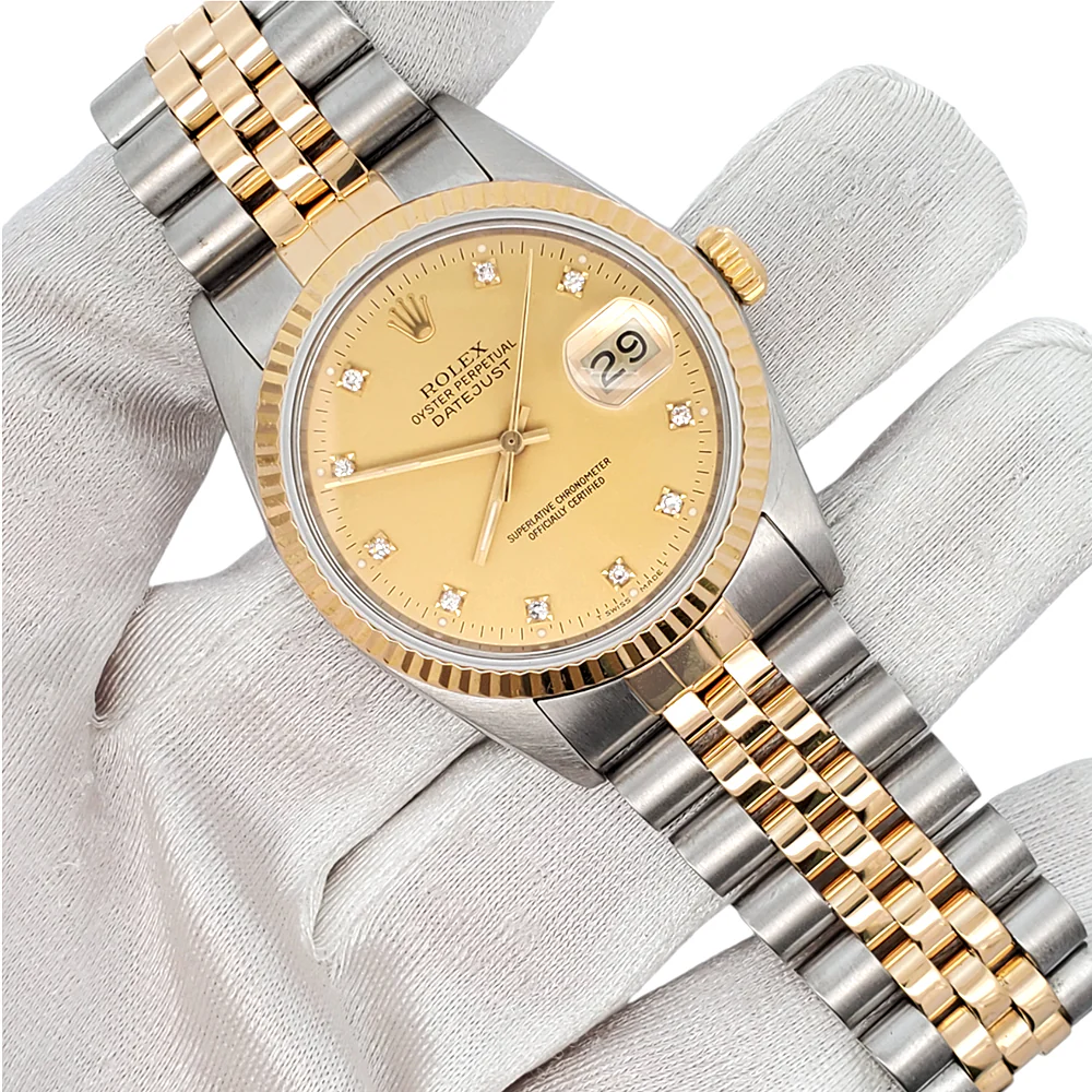 Rolex Datejust 36mm Factory Champagne Diamond Dial Yellow Gold/Steel Watch 16013 - Image 3