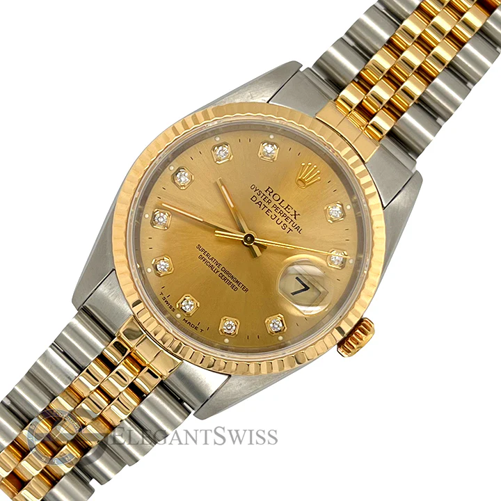 Rolex Datejust 36mm Factory Champagne Diamond Dial Yellow Gold Steel Watch 16233
