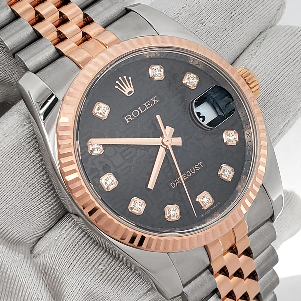Rolex Datejust 36mm Factory Jubilee Black Diamond Dial 2-Tone Rose Gold/Steel Jubilee Watch 116231 - Image 3