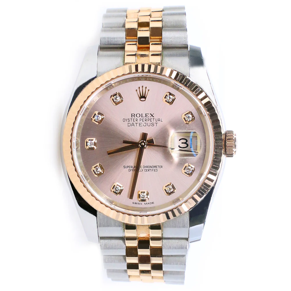 Rolex Datejust 36mm Factory Pink Diamond Dial 2-Tone Rose Gold/Steel Jubilee Watch Box Papers 116231