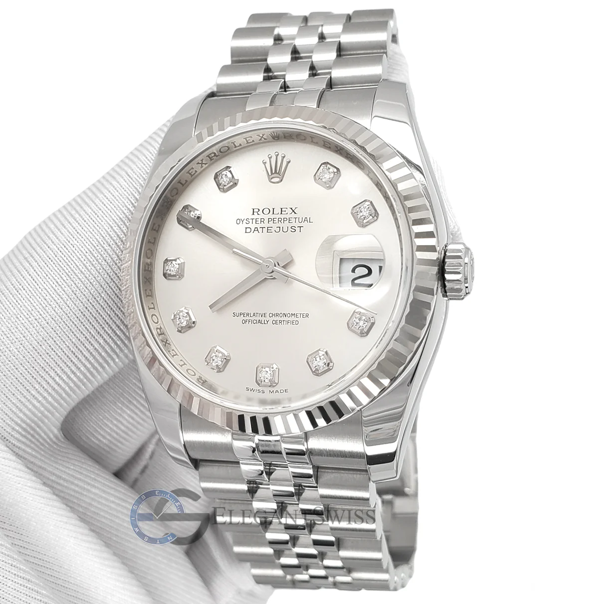 Rolex Datejust 36MM Factory Silver Diamond Dial White Gold Fluted Bezel Steel Watch 116234 - Image 2