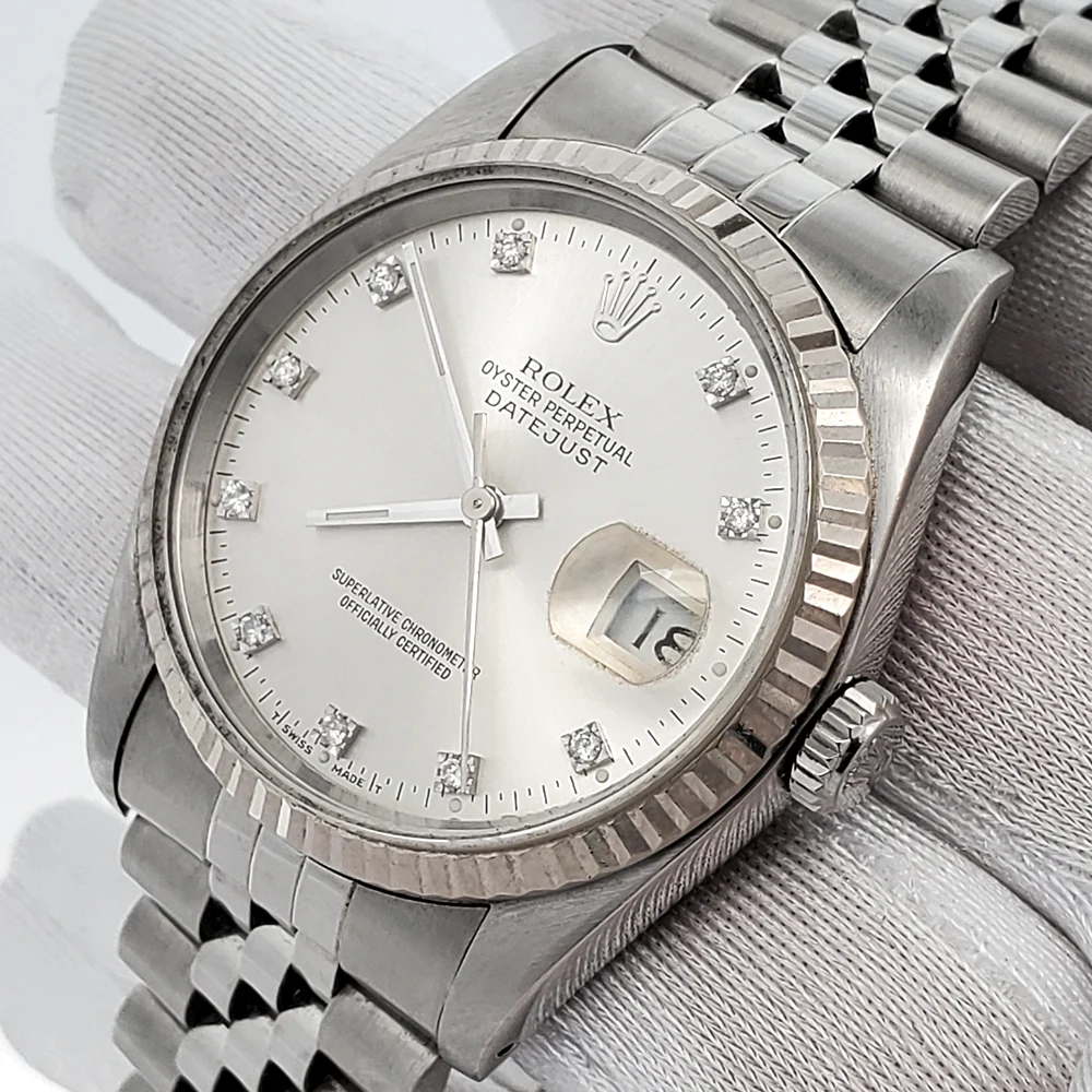Rolex Datejust 36mm Factory Silver Diamond White Gold Fluted Bezel Steel Jubilee Watch 16234
