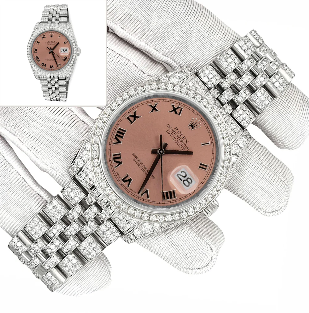 Rolex Datejust 36mm Pave 10.2ct Iced Diamond Salmon Roman Dial Jubilee Watch 116200 Box Papers