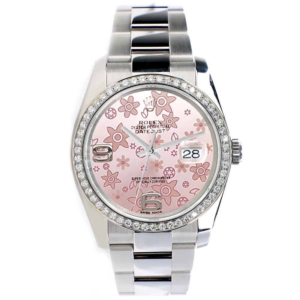 Rolex Datejust 36MM Pink Floral Dial Steel Oyster Watch with Custom VS1 Diamond Bezel 116200 with Box & Papers