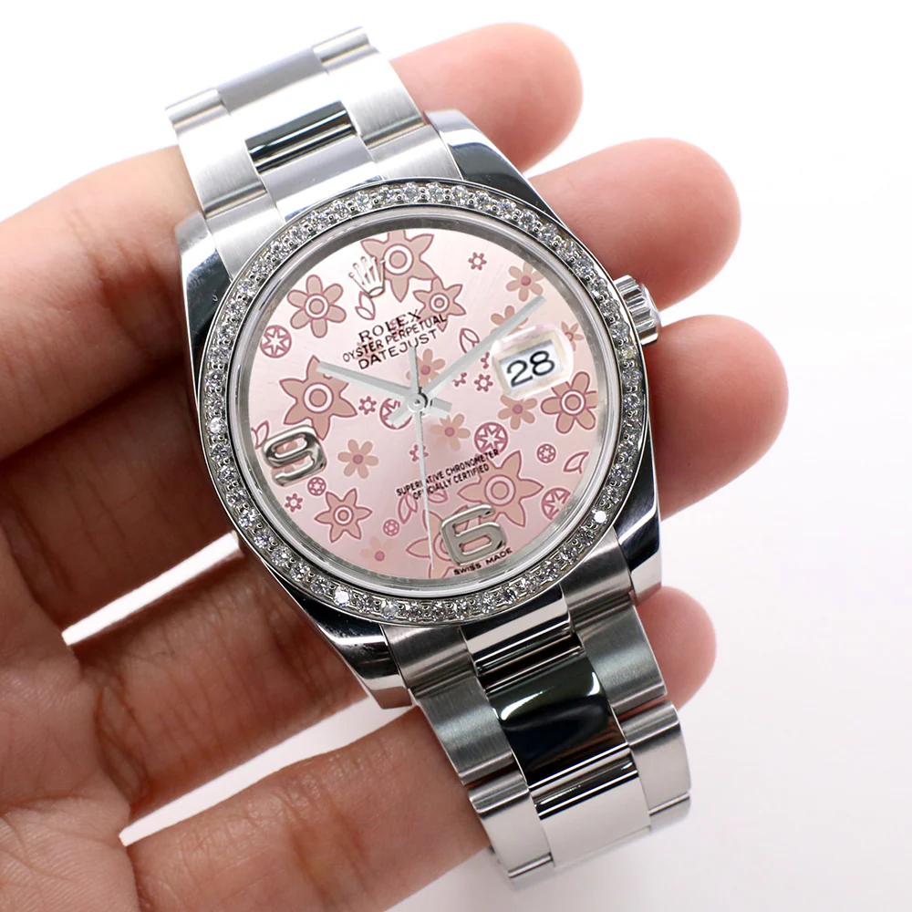 Rolex Datejust 36MM Pink Floral Dial Steel Oyster Watch with Custom VS1 Diamond Bezel 116200 with Box & Papers - Image 3
