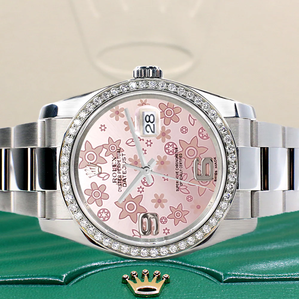 Rolex Datejust 36MM Pink Floral Dial Steel Oyster Watch with Custom VS1 Diamond Bezel 116200 with Box & Papers - Image 8