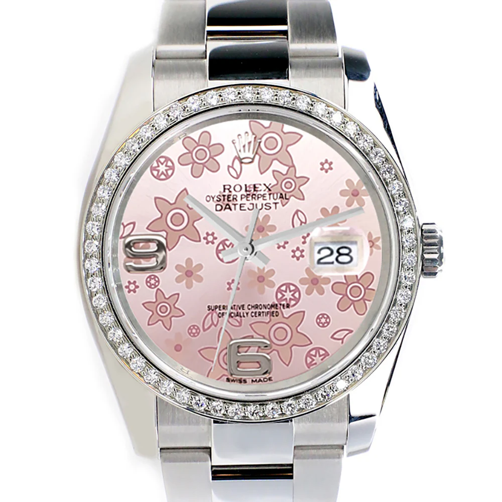Rolex Datejust 36MM Pink Floral Dial Steel Oyster Watch with Custom VS1 Diamond Bezel 116200 with Box & Papers - Image 9