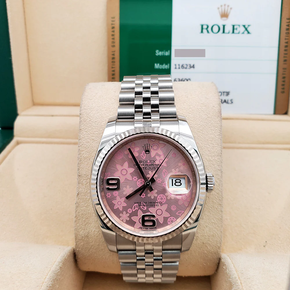 Rolex Datejust 36mm Pink Floral Motif Dial White Gold Fluted Bezel Steel Jubilee Watch 116234 Box Papers - Image 3