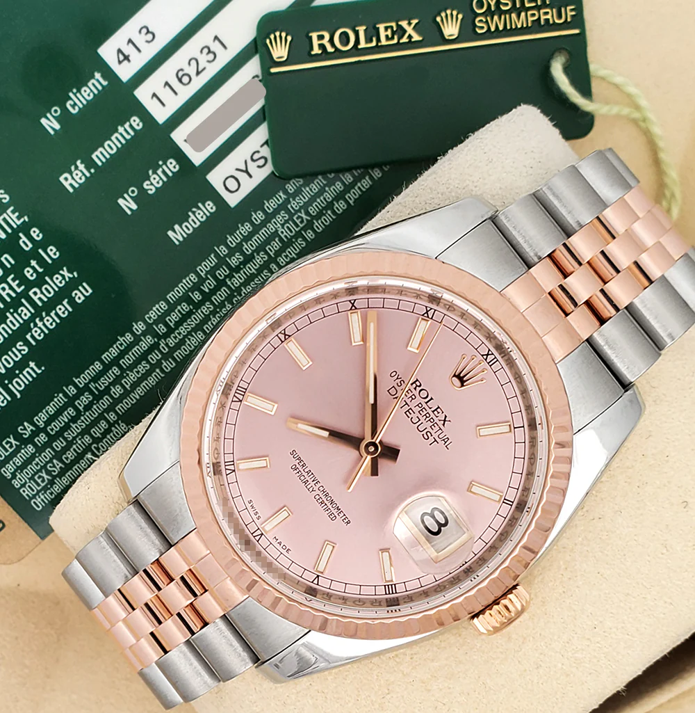 Rolex Datejust 36mm Pink Index 2-tone Rose Gold/Steel Jubilee Watch 116231 Box Papers