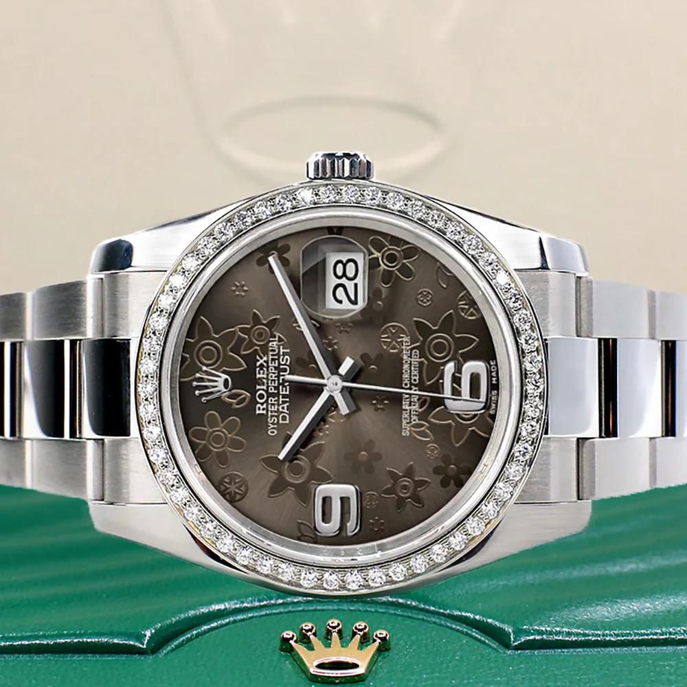 Rolex Datejust 36mm Rhodium Floral Dial Oyster Watch with custom VS1 Diamond Bezel 116200 - Image 3