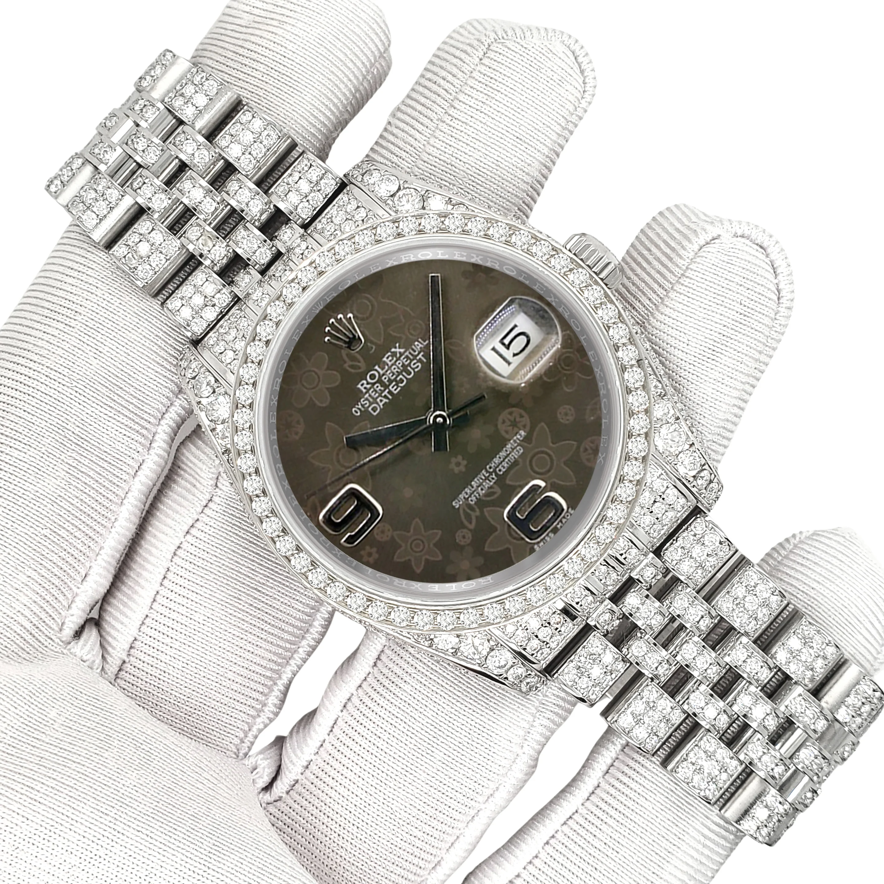 Rolex Datejust 36mm Rhodium Floral Dial Pave 10.2ct Iced Diamond Jubilee Watch 116200 Box Papers