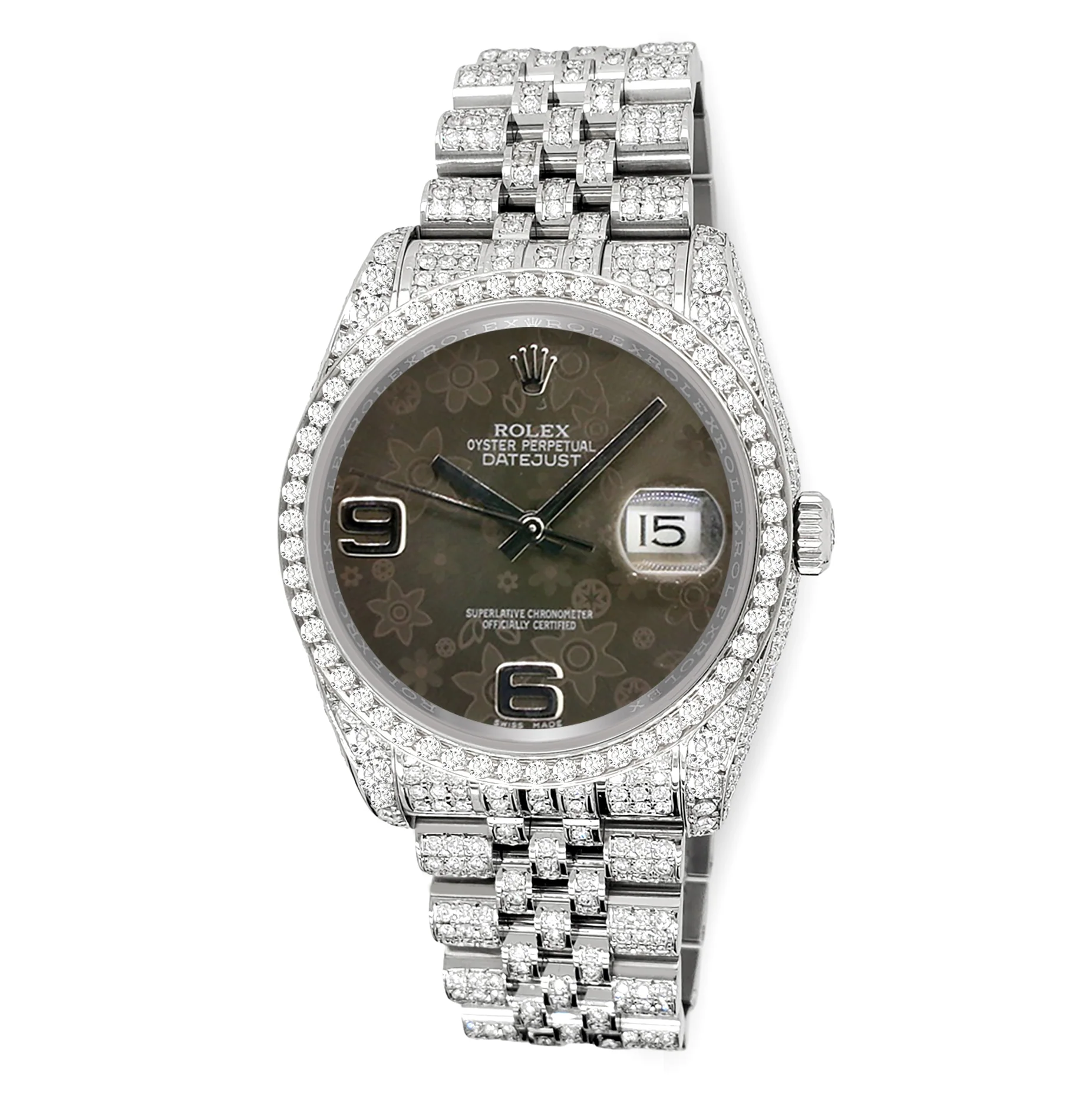 Rolex Datejust 36mm Rhodium Floral Dial Pave 10.2ct Iced Diamond Jubilee Watch 116200 Box Papers - Image 2