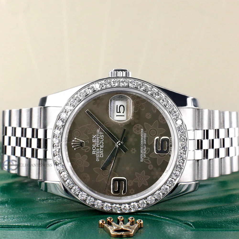 Rolex Datejust 36mm Rhodium Floral Dial Steel Jubilee Watch with 1.85ct Custom Diamond Bezel 116200 - Image 3
