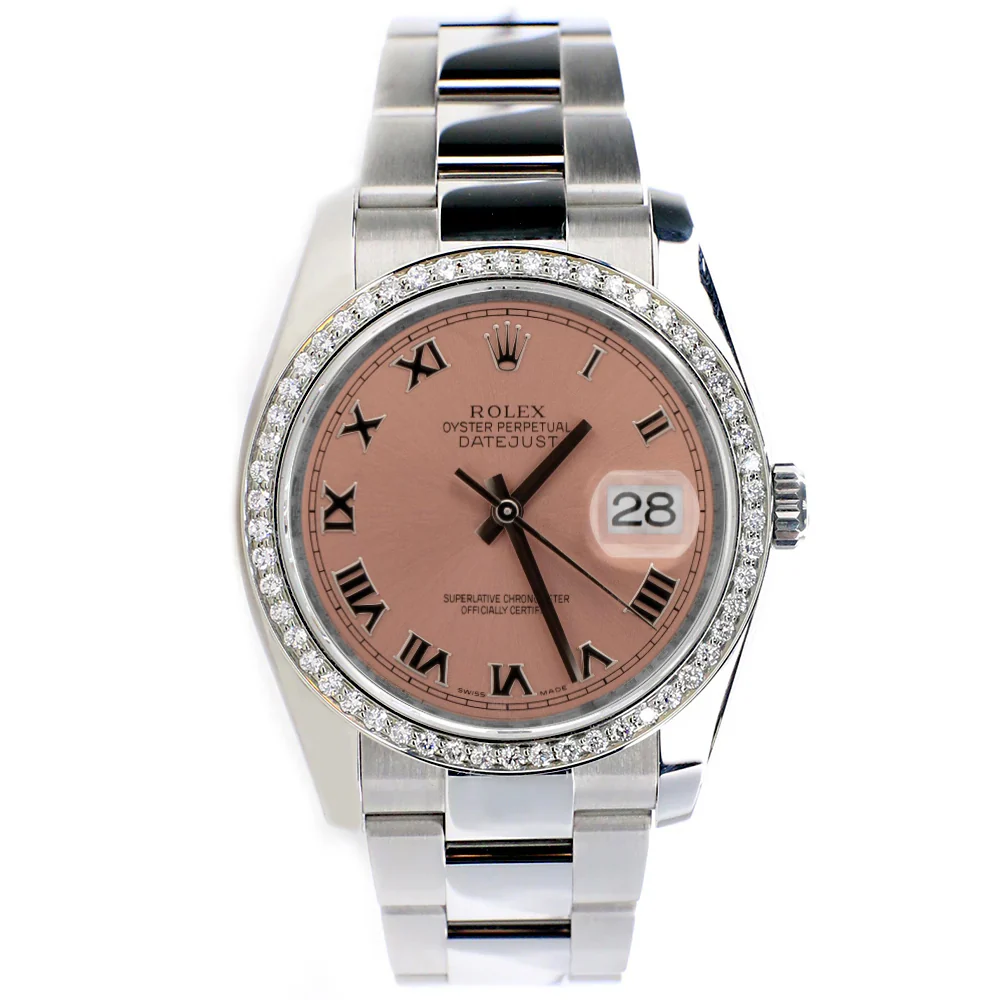 Rolex Datejust 36mm Salmon Roman Dial Oyster Watch with custom VS1 Diamond Bezel 116200