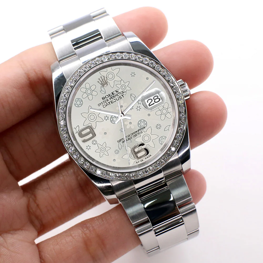 Rolex Datejust 36mm Silver Floral Dial Oyster Watch with custom VS1 Diamond Bezel 116200 - Image 2