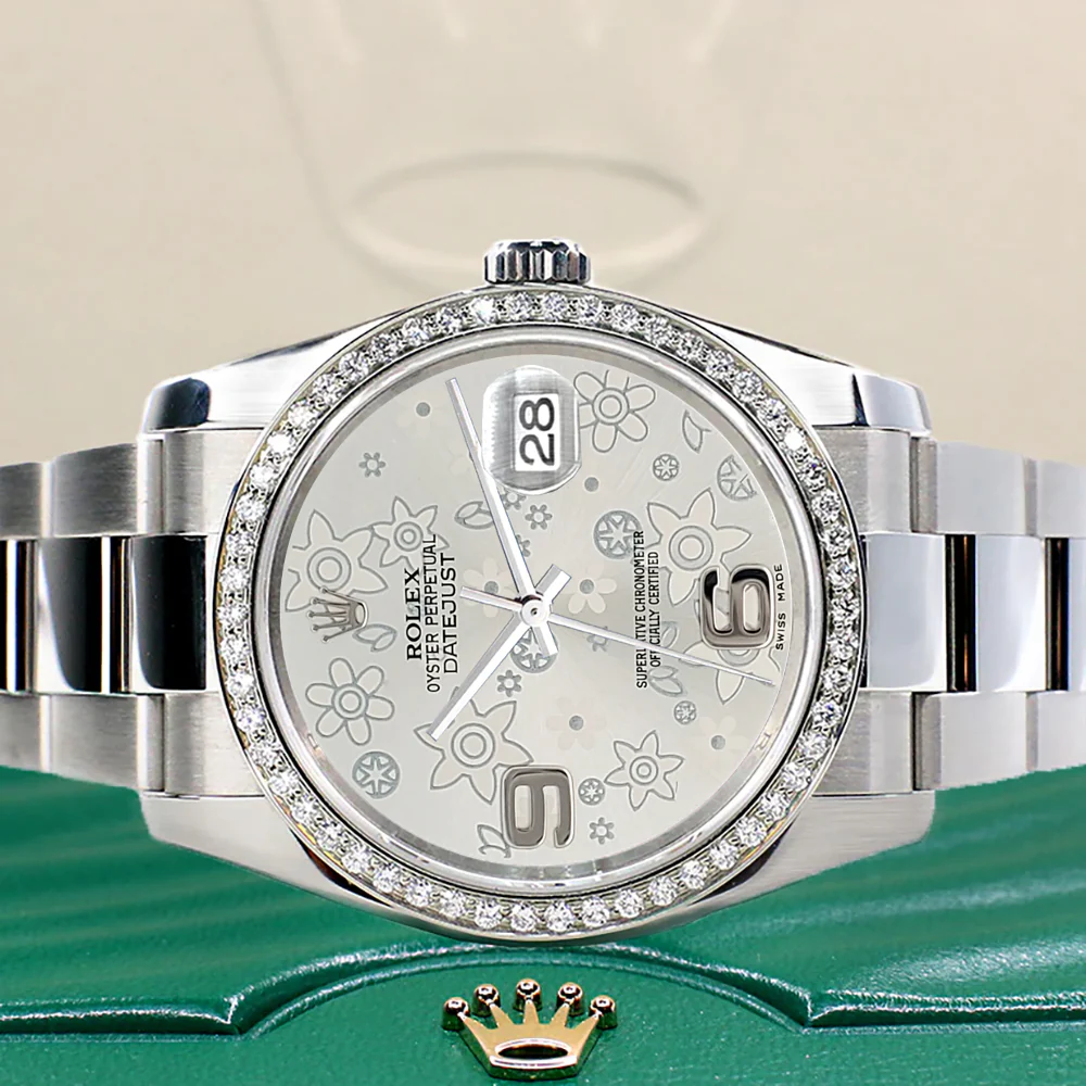 Rolex Datejust 36mm Silver Floral Dial Oyster Watch with custom VS1 Diamond Bezel 116200 - Image 3