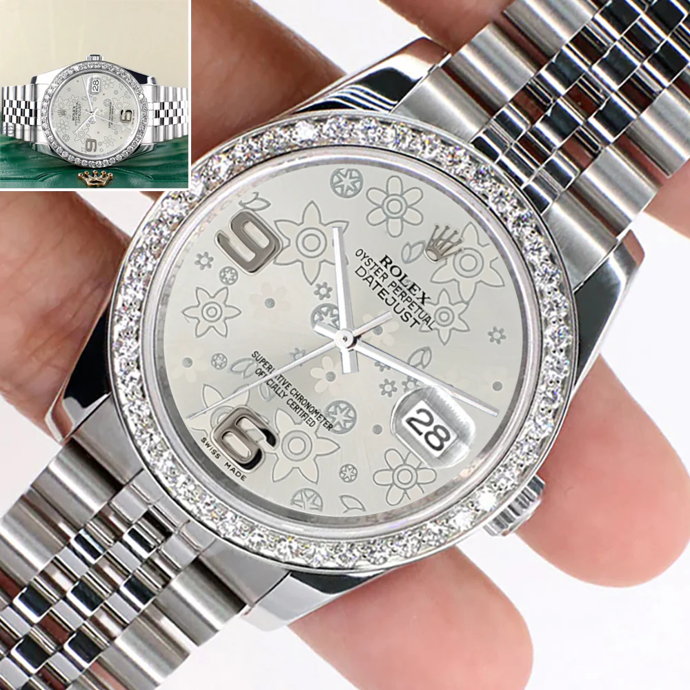 Rolex Datejust 36MM Silver Floral Dial Steel Jubilee Watch with 1.85CT Custom Diamond Bezel 116200