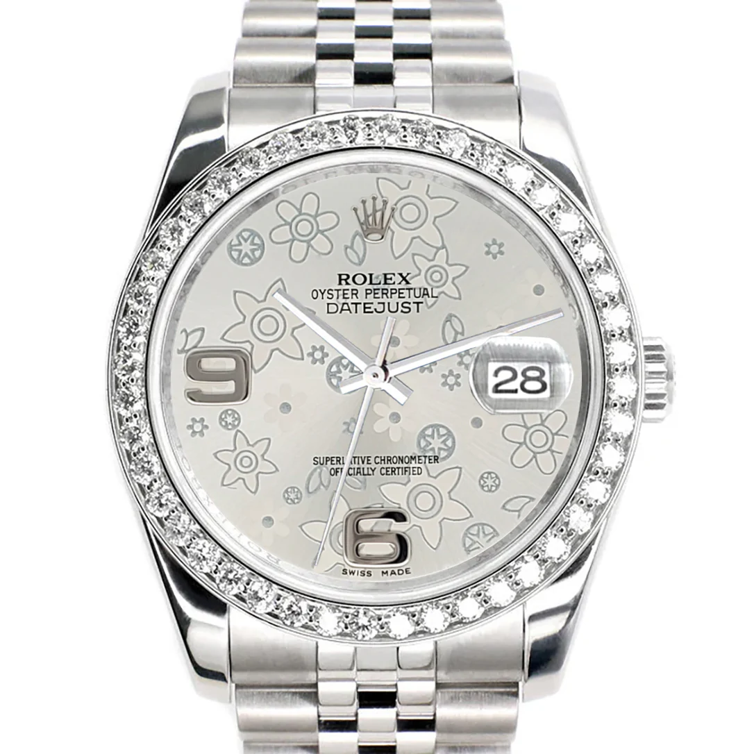 Rolex Datejust 36MM Silver Floral Dial Steel Jubilee Watch with 1.85CT Custom Diamond Bezel 116200 - Image 3