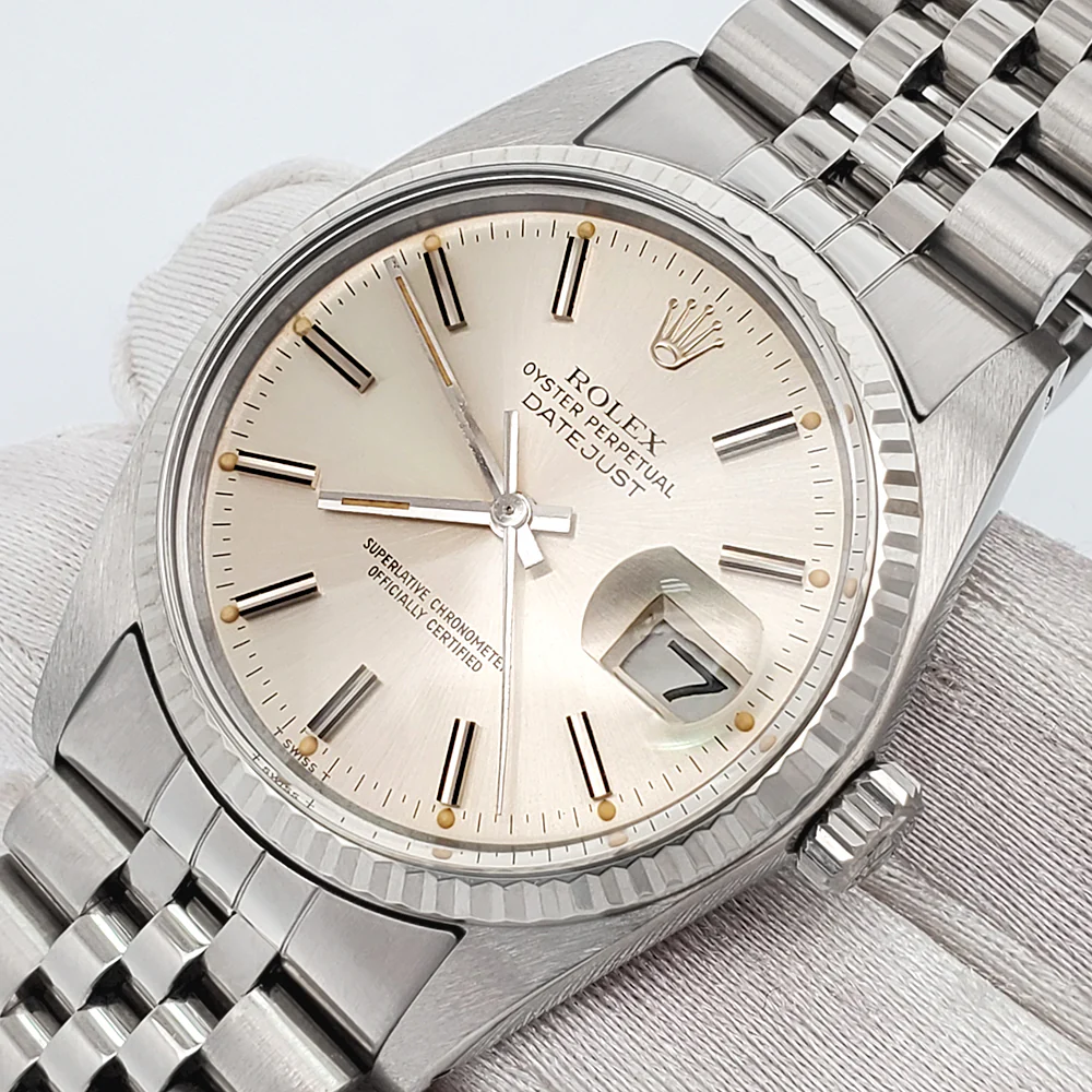 Rolex Datejust 36mm Silver Index Dial White Gold Fluted Steel Jubilee Watch 16014