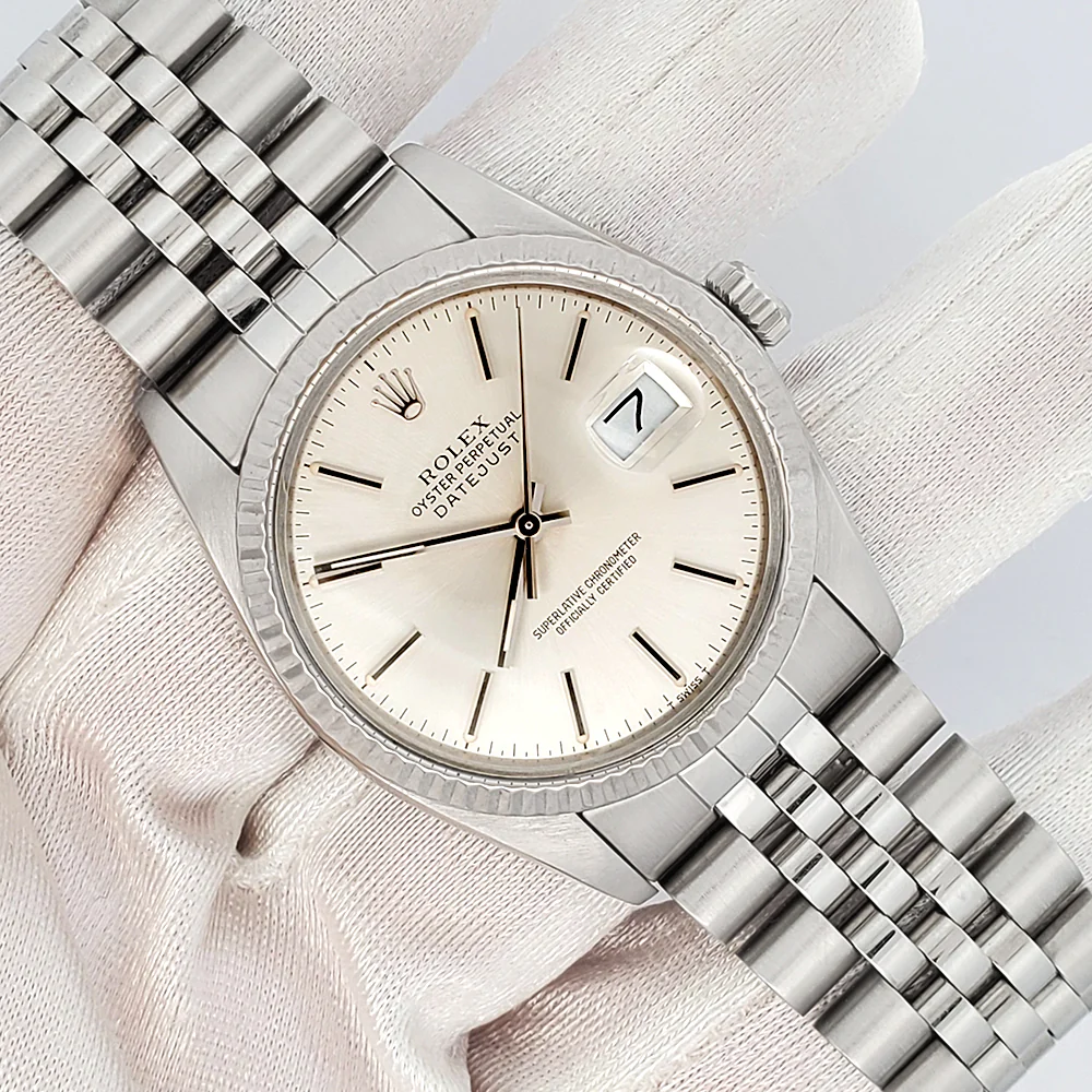 Rolex Datejust 36mm Silver Index Dial White Gold Fluted Steel Jubilee Watch 16014 - Image 3