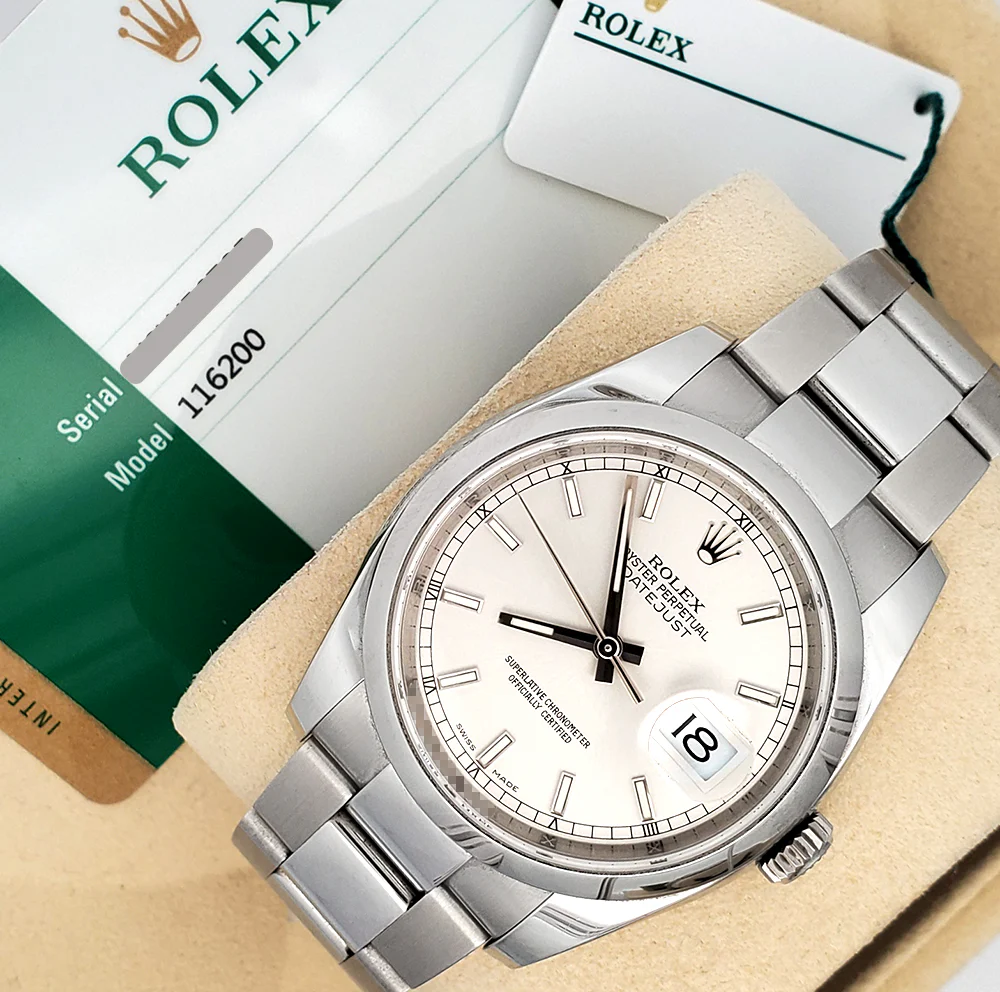 Rolex Datejust 36mm Silver Index Steel Oyster Watch 116200 Box Papers