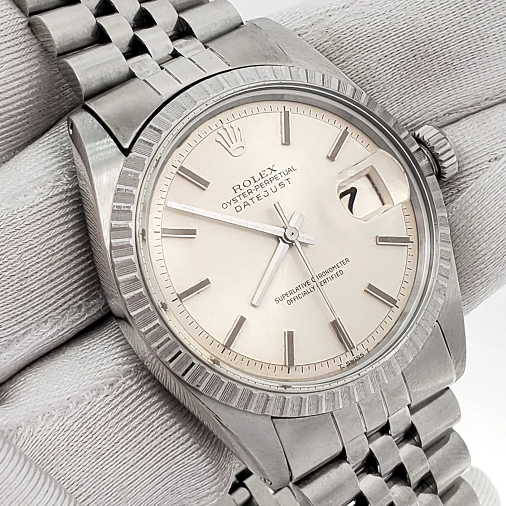 Rolex Datejust 36mm Silver Index Engine Turned Bezel Steel Jubilee Watch 1603 Service Papers - Image 2