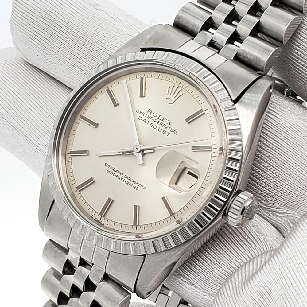 Rolex Datejust 36mm Silver Index Engine Turned Bezel Steel Jubilee Watch 1603 Service Papers - Image 3