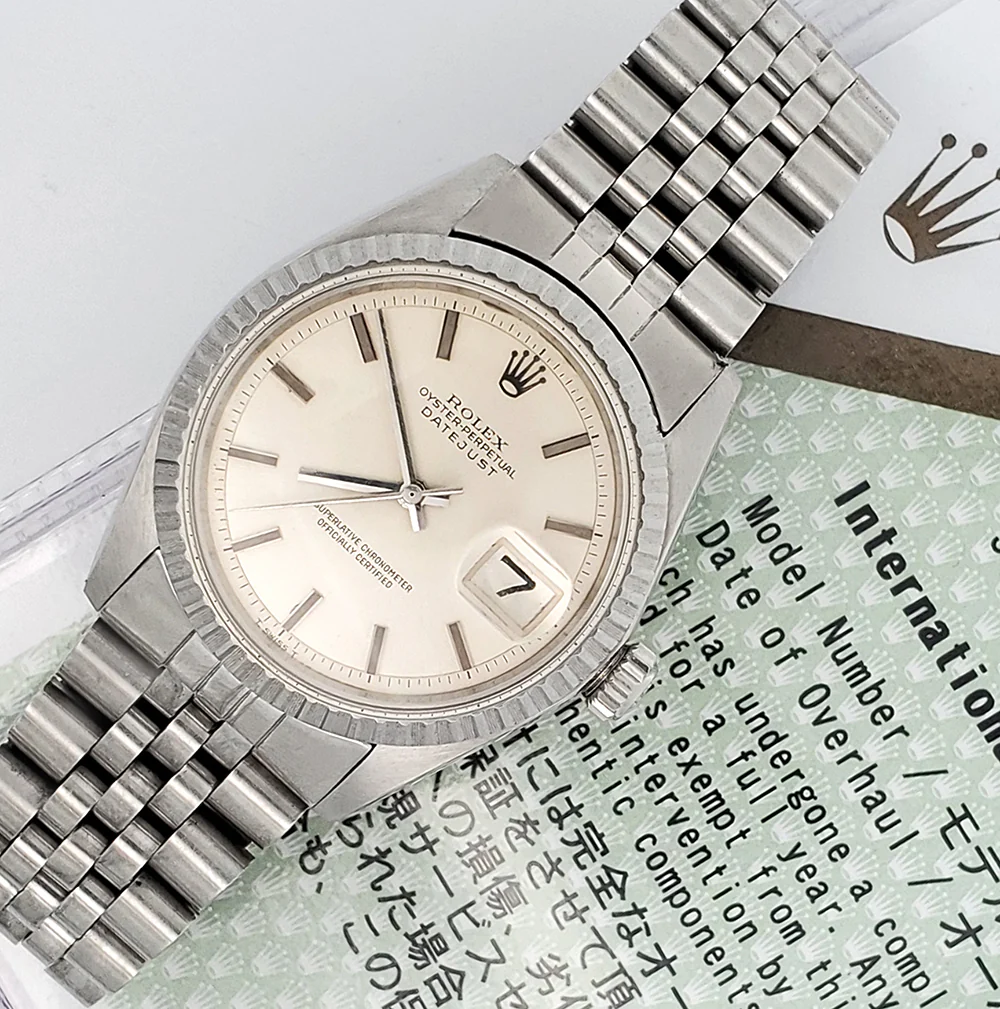 Rolex Datejust 36mm Silver Index Engine Turned Bezel Steel Jubilee Watch 1603 Service Papers - Image 4