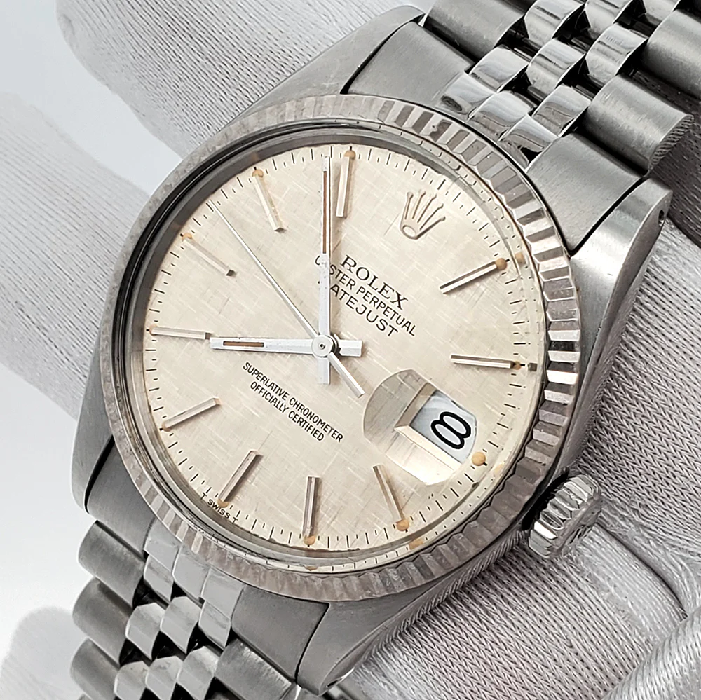 Rolex Datejust 36mm Silver Linen Dial White Gold Fluted Steel Jubilee Watch 16014