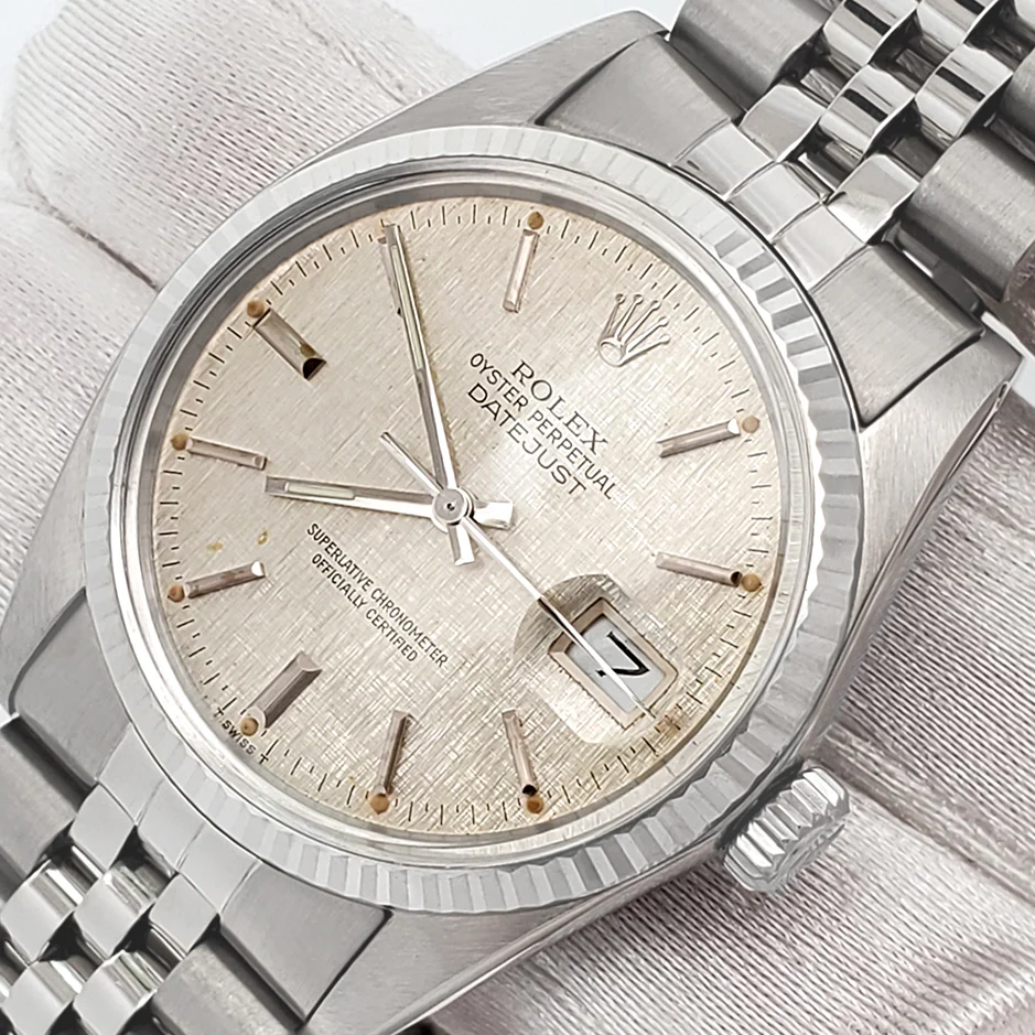 Rolex Datejust 36mm Silver Linen Dial White Gold Fluted Steel Jubilee Watch 16014