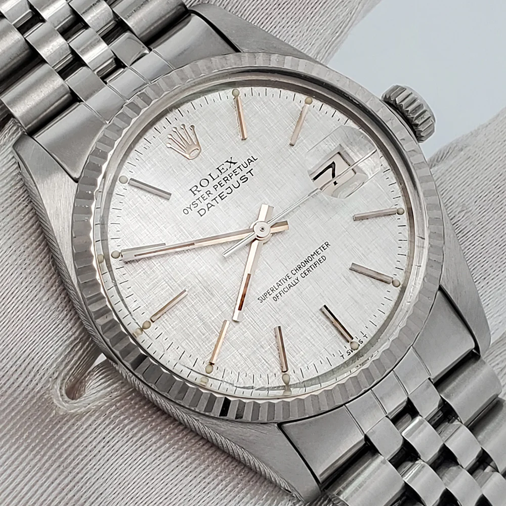 Rolex Datejust 36mm Silver Linen Index Dial White Gold Fluted Bezel Steel Jubilee Watch 16014 - Image 2