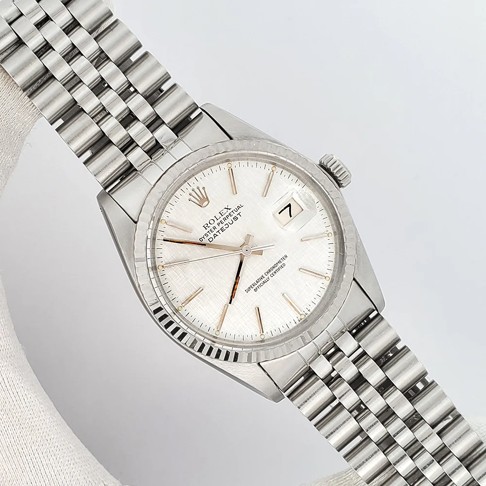 Rolex Datejust 36mm Silver Linen Index Dial White Gold Fluted Bezel Steel Jubilee Watch 16014 - Image 3
