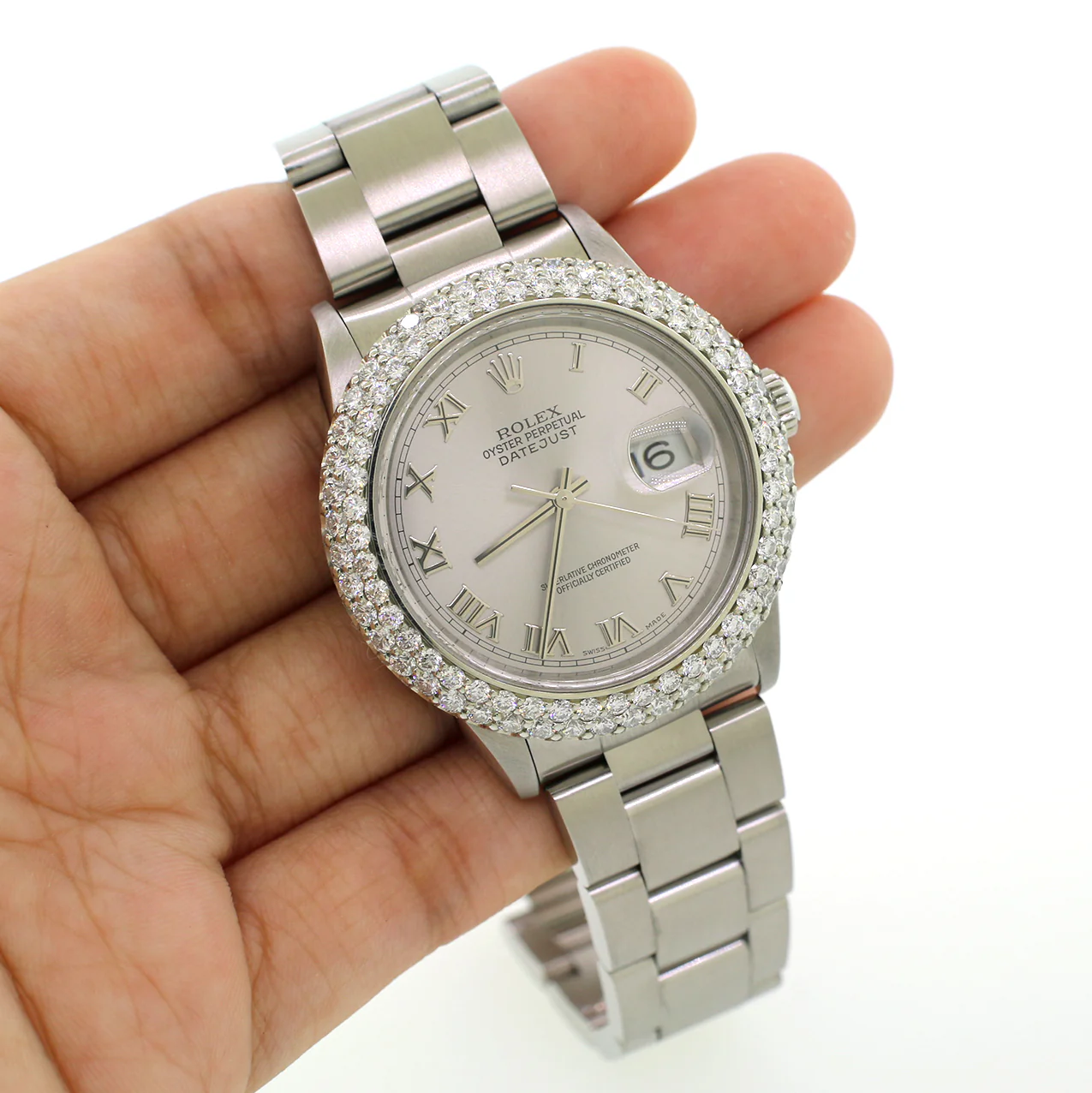 Rolex Datejust 36mm Silver Roman Dial Watch 4.6CT Diamond Bezel 16200 - Image 2