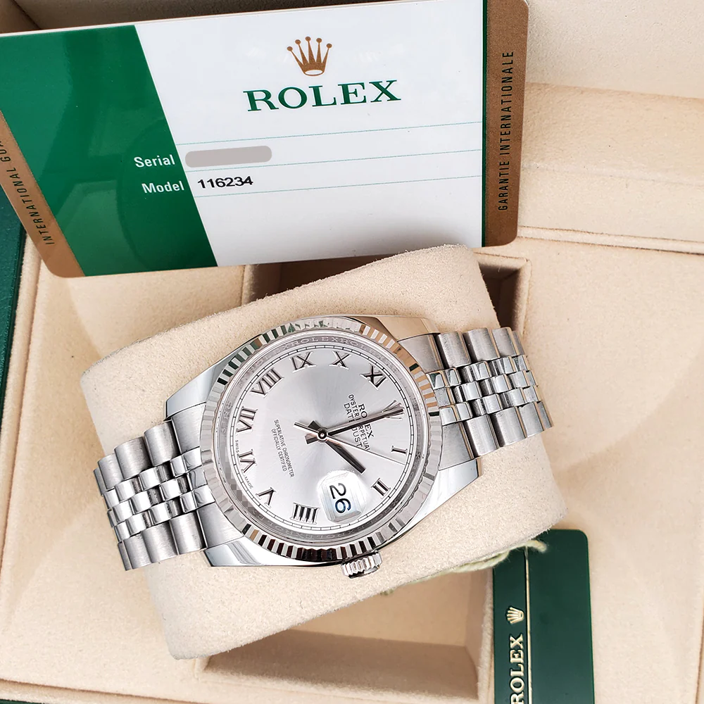 Rolex Datejust 36mm Silver Roman White Gold Fluted Bezel Steel Jubilee Watch 116234 Box Papers - Image 2