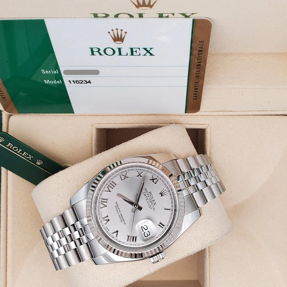 Rolex Datejust 36mm Silver Roman White Gold Fluted Bezel Steel Jubilee Watch 116234 Box Papers - Image 2