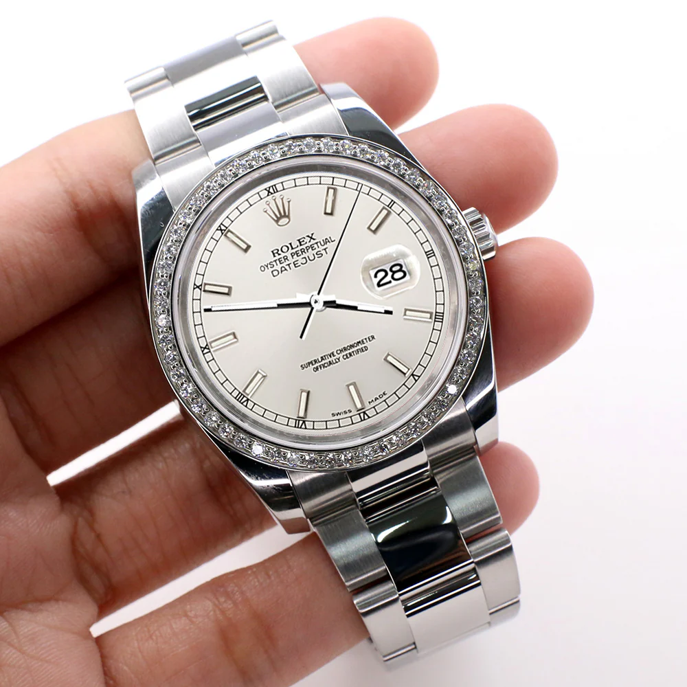 Rolex Datejust 36MM Silver Index Dial Steel Oyster Watch with Custom VS1 Diamond Bezel 116200 - Image 3