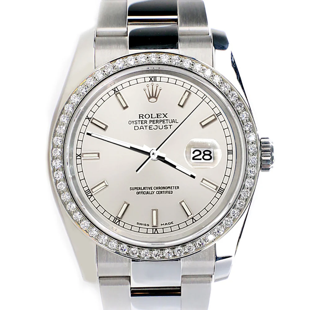 Rolex Datejust 36MM Silver Index Dial Steel Oyster Watch with Custom VS1 Diamond Bezel 116200 - Image 9