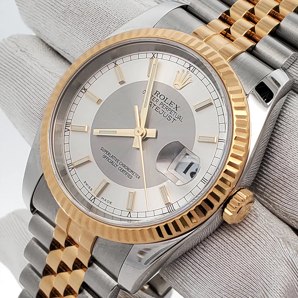 Rolex Datejust 36mm Silver Tuxedo 2-tone Yellow Gold/Steel Watch 116233 Jubilee Box Papers - Image 2