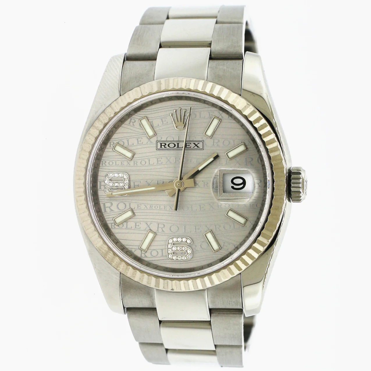 Rolex Datejust 36MM Steel/White Gold Fluted Bezel/Silver Waves Diamond Arabic 6 And 9 Dial Watch 116234