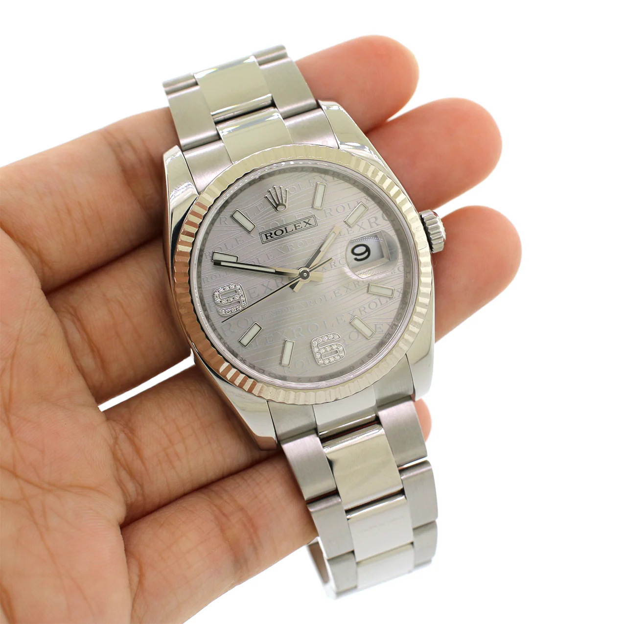 Rolex Datejust 36MM Steel/White Gold Fluted Bezel/Silver Waves Diamond Arabic 6 And 9 Dial Watch 116234 - Image 5
