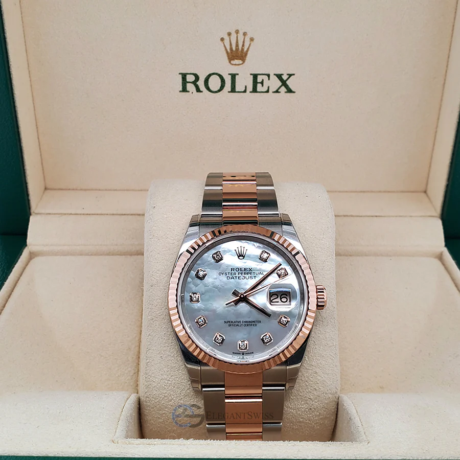 Rolex Datejust 36mm Two-Tone Rose Gold/Steel Rolesor Watch - Fluted Bezel - White MOP Diamond Dial - 126231 Box Papers - Image 2