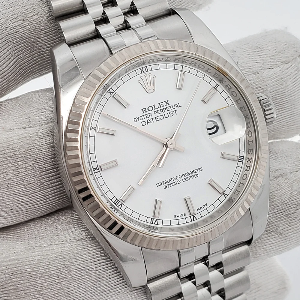 Rolex Datejust 36mm White Dial White Gold Fluted Bezel Steel Jubilee Watch 116234 - Image 2