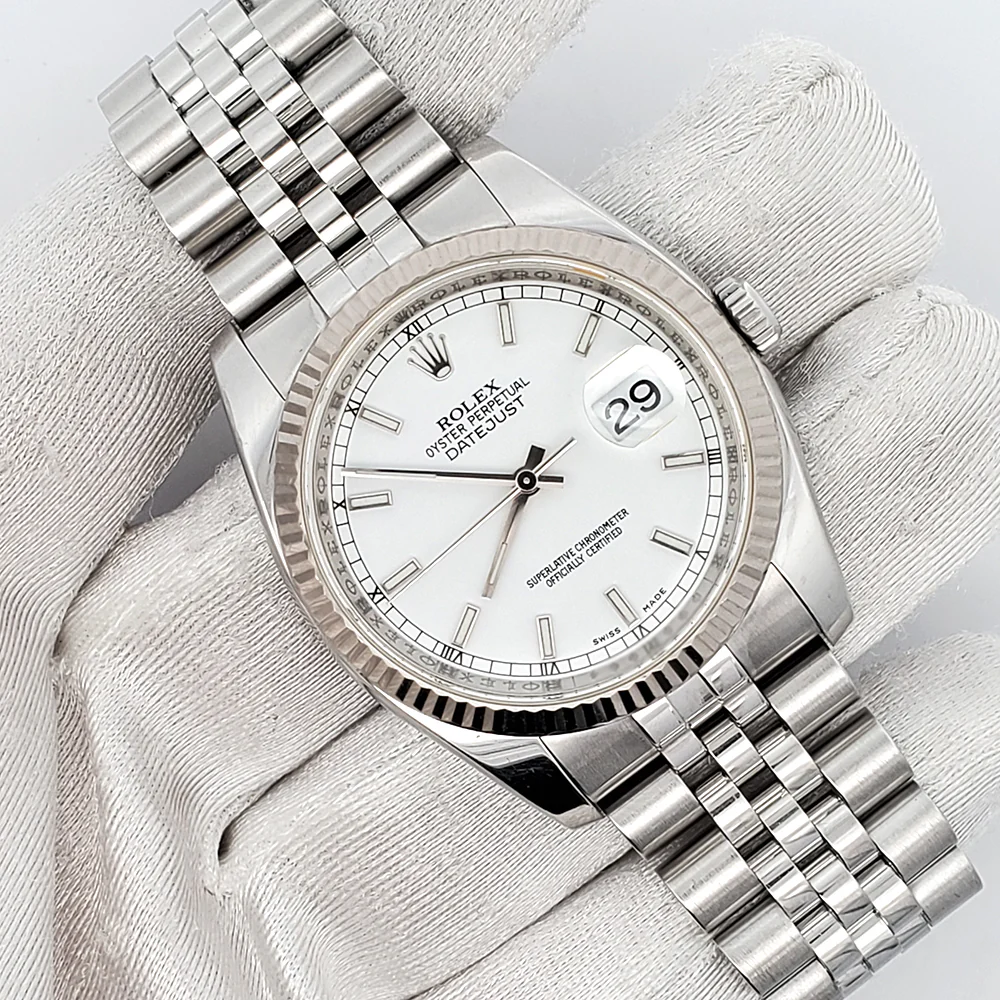 Rolex Datejust 36mm White Dial White Gold Fluted Bezel Steel Jubilee Watch 116234 - Image 3