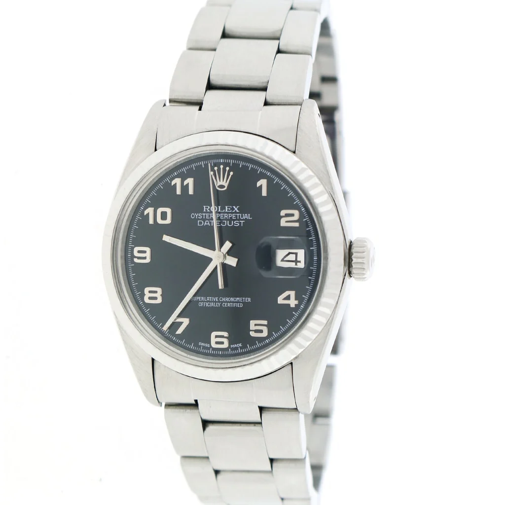 Rolex Datejust 36MM White Gold Fluted Bezel Black Dial Automatic Stainless Steel Mens Oyster Watch 16014